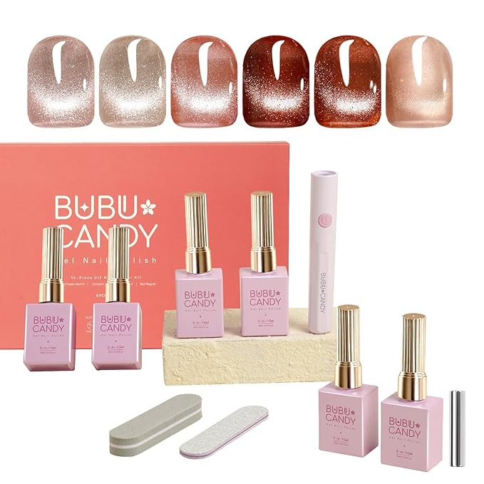 6Pcs One step Cateye Gel Nail Polish Set Valentine's Day gift DIY at home are Gold Brown Yellow For Holiday Party Sparkle Manicure Kit Soak off Uv Nail Art Design Gifts for Women