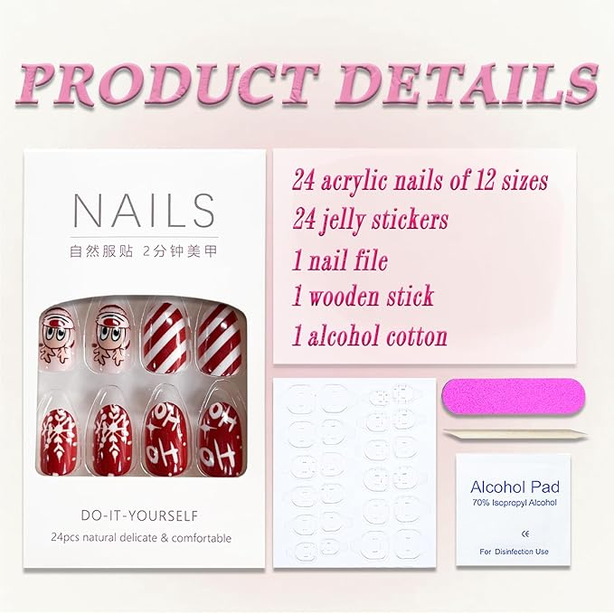 Christmas Press on Nails Medium Oval MABKJLF Fake Nails False Nails with Reindeer Snowflake Santa Stripes Designs Red Glossy Glue on Nail Winter Full Cover Acrylic Nails for Women Girls 24Pcs