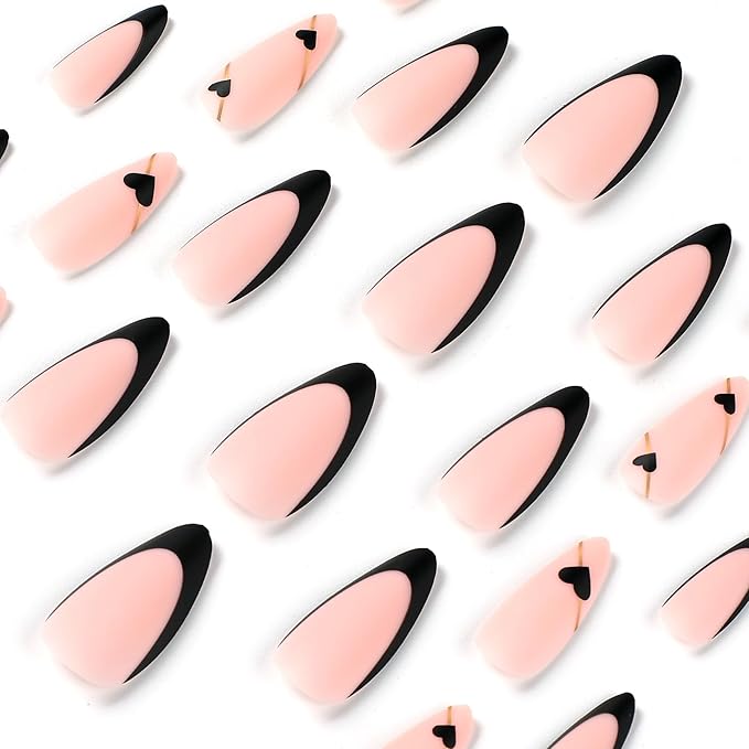 Black French Tip Press On Nails - Almond Medium Fake Nails with Gold Line Design - Heart Full Cover Stick On Nails for Women - 24 Pcs