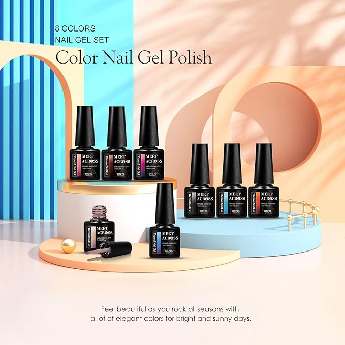 MEET ACROSS Color Changing Gel Nail Polish Set, 8 Pcs Red Orange Blue Coffee Grey Gel Polish Set Temperature Mood Changed Nail Polish Gel Gifts for Women Girl DIY Salon Home Manicure