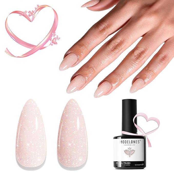 modelones Glitter Gel Nail Polish Nude Pink Glitter Gel Polish Pastel Soak-Off UV Gel Polish 28+ Days Long-Lasting Salon-Quality Nail Art DIY Manicure & Gift 15ML
