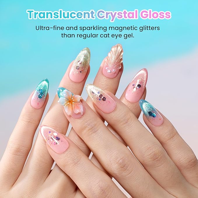 Beetles Dream Coast Cat Eye Gel Nail Polish Set - 6 Colors Glitter Gel Nail Polish Kit Pink Yellow Green Blue Purple Magnetic Shine Soak Off UV Salon DIY Gift Manicure for Women