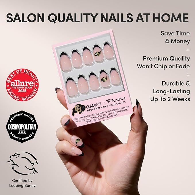 Glamnetic x Fanatics Press On Nails - Colorado Buffaloes | Short Almond Fake Nails, Collegiate Buffaloes Black French Tips, College Nails, Salon-Quality | 15 Sizes - 30 Nail Kit with Glue