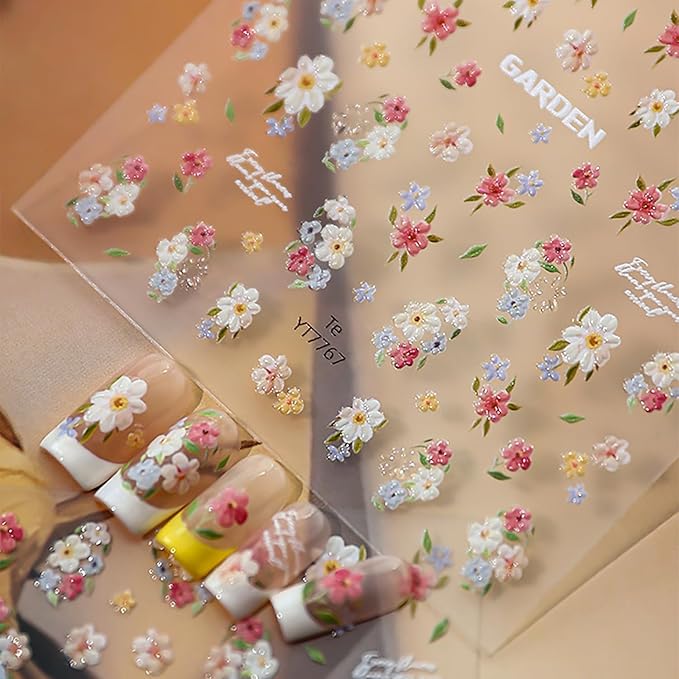 1 Sheets Cute Spring Flower Nail Decals for Nail Art Embossed Small Flowers Leaf Nail Art Stickers 5D Self-Adhesive Spring Nail Design Decals Blue Yellow White Pink Floral Nail Stickers for Women