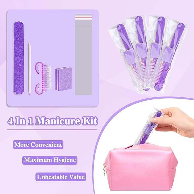 50 Sets Disposable Manicure Kit Basics 4 Piece Nail Kit for Travel,Handle Grip Brush,Mini Nail Buffer Nail File and Wood Stick for Gifts Salon Home Professional(50 Set -Purple)