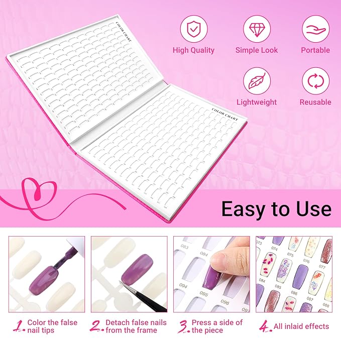 Segbeauty 308 Color Nail Polish Swatches Book for Press Ons, Gel Nail Display Book, Red Press On Nails Stand with 360 Fake Nails Tips, Polish Swatches Color Display Board Organizer Case Art Salon