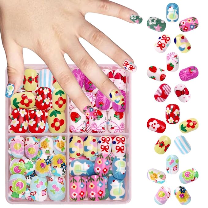 96Pcs 4 Packs Cute Short Press on Nails for Girls 4 Styles 12 Sizes Press on Nails for Kids Press ons with Flower Fruit Food Bow Designs Full Cover Acrylic Nails for Little Girl Gift DIY Manicure