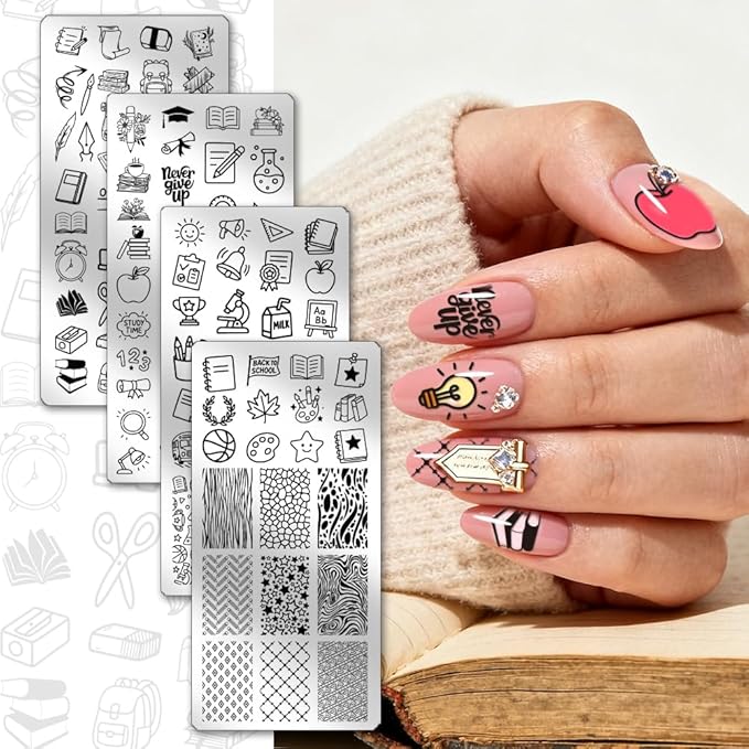 PH PandaHall 4pcs Learning Elements Nail Stamp Plate Books Pens Nail Art Template Stationery Notebook Manicures Stamper Line Texture Nails Image Plate for Back to School Manicure Design Decoration