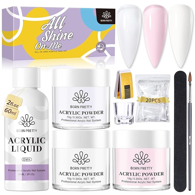 BORN PRETTY Acrylic Nail Kit - Acrylic Powder (Clear, White, Pink) & Liquid Set with Nail Forms, Brush Pen, File & Glass Container - Beginner Friendly