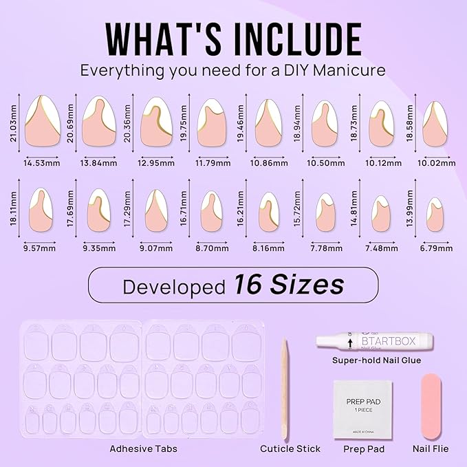 BTArtbox Press On Nails Almond - Designed White French Tip Press On Nails Short with Gold Foil, Glue On Nails for Winter Day Gifts, Stick On Nails in 16 Sizes - 30 Nail Kit, Tiny Gloden