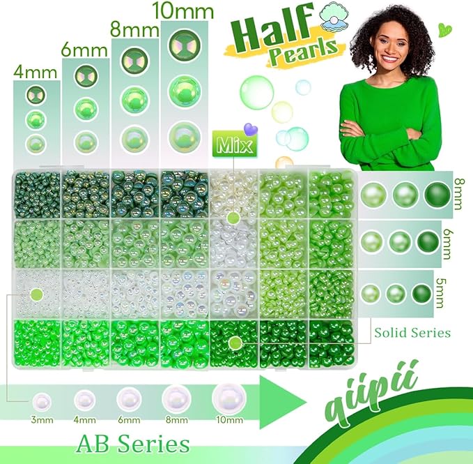 qiiipi 2 Big Boxes Green Resin Pearls and Rhinestones w B7000 Glue for Bedazzling Crafting Flatback Stones Gems Diamonds Half Pearls Bedazzler Kit for Nails Eyes Face Makeup Tumblers Bottles Crafts﻿