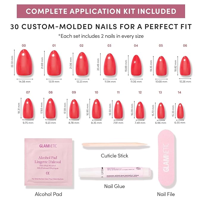 Valentines Day Glamnetic Press On Nails - Red Flag | Short Almond Fake Nails in Vibrant Bright Red Hue with a Glazed Finish, Salon Quality | 15 Sizes - 30 Nail Kit with Glue