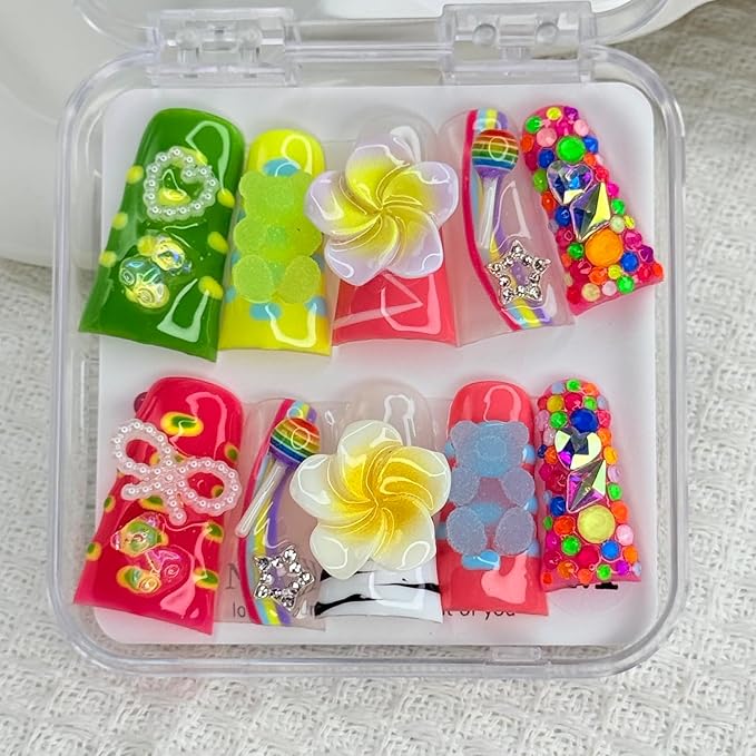 Handmade Press on Nails Medium Duck Fake Nails 3D Flower False Nails Colorful Twinkle Candy Artificial Acrylic Thick Stick on Nails Handmade for Women Manicure Art Decorations (Size S)