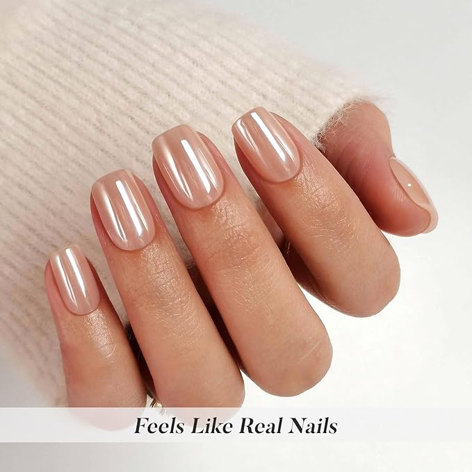 Nude Chrome Press on Nails Square - SHANGMENG Soft Gel Short Press on Nails for Women Gift, Fit Perfectly & Natural Glue on Nails in16 Sizes - 32 Reusable Fake Nails with Glue, Aurora Nude