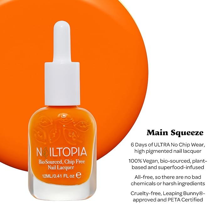 Nailtopia Bio-Sourced, Chip Free Nail Lacquer - All Natural, Strengthening Biotin and Superfood-Infused Polish - Chip Resistant Formula - Quick-Dry, Long Lasting Wear - Main Squeeze - 0.41 oz