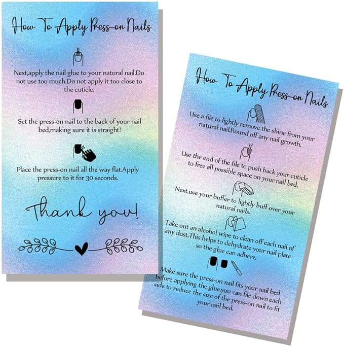 Press-On Nail Application Instructions Cards, Aftercare Instructions Cards, 50 Pack 2 x 3.5'' inch Business Card Size, DIY Press-On Nail Kit, White (0406038)