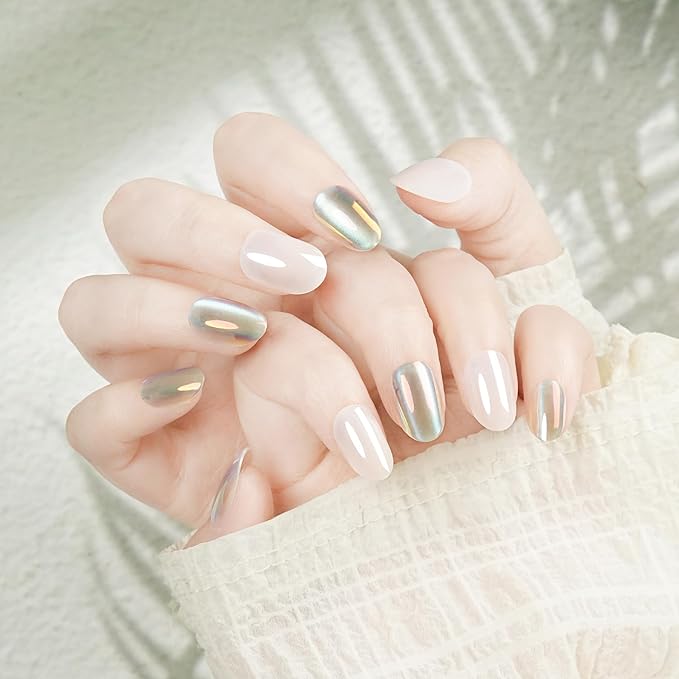 Short Oval Press On Nails - Light Pink Iridescent Cat Eye Nails With Pearlescent Shine,For Women,Teens,And Kids?Ideal For Everyday Wear,School,And Casual Outings, 24 Nails In 12 Sizes