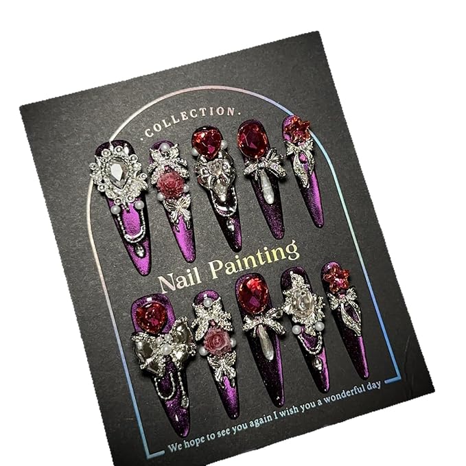 Luxury Long Press-On Nails, Purple Glitter Stiletto with Rhinestones, Handmade False Nails, 10 Pieces (XS, LS)