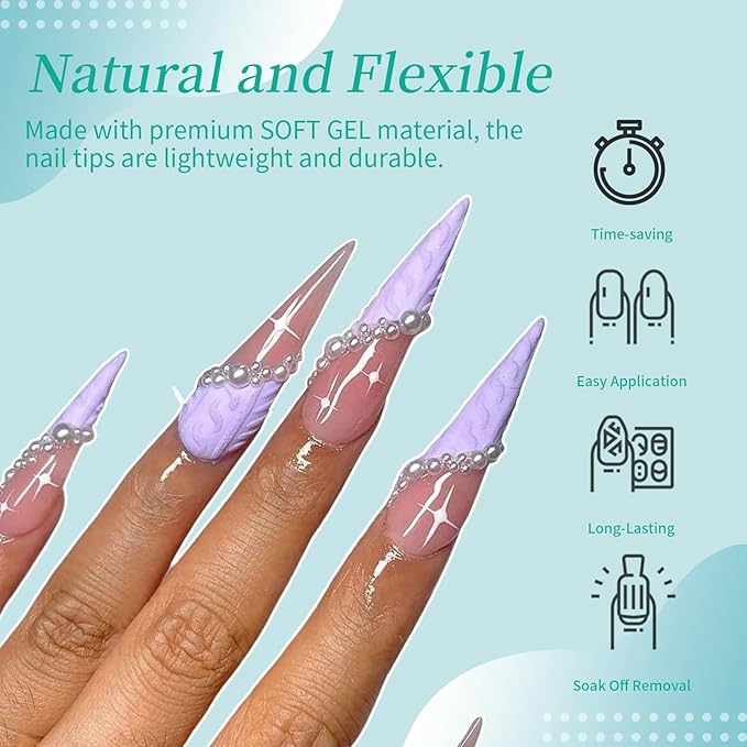 Long Stiletto Nail Tips, 240Pcs Half Cover Soft Gel Nail Tips Pre-shaped 2XL Shape Clear Acrylic False Nail Fake Nail Extension Press On for Salon Home DIY 12 Sizes