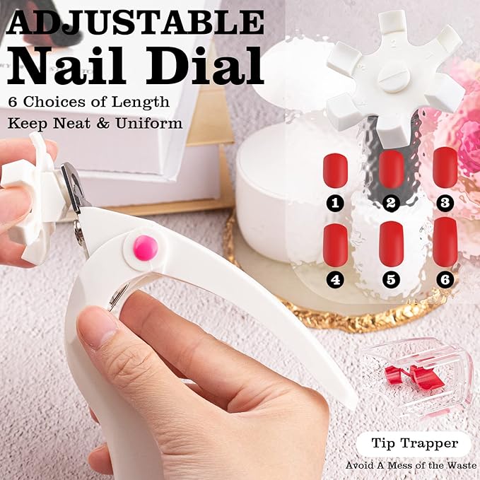 Belleboost Adjustable Acrylic Nail Clippers with Sizer and Catcher, White Professional Dial Stainless Steel Blade Nail Tips Cutter, Artificial Fake Nail Trimmer, Manicure Tool for Salon Home Nail Art