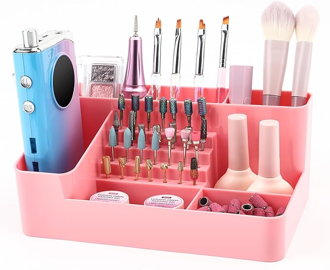 Nail Drill Holder & 28 Holes Nail Drill Bits Holder, Transparent Acrylic Nail Drill Machine Storage Box, Professional Nail Drill Organizer Case for Manicure tools (Pink02)