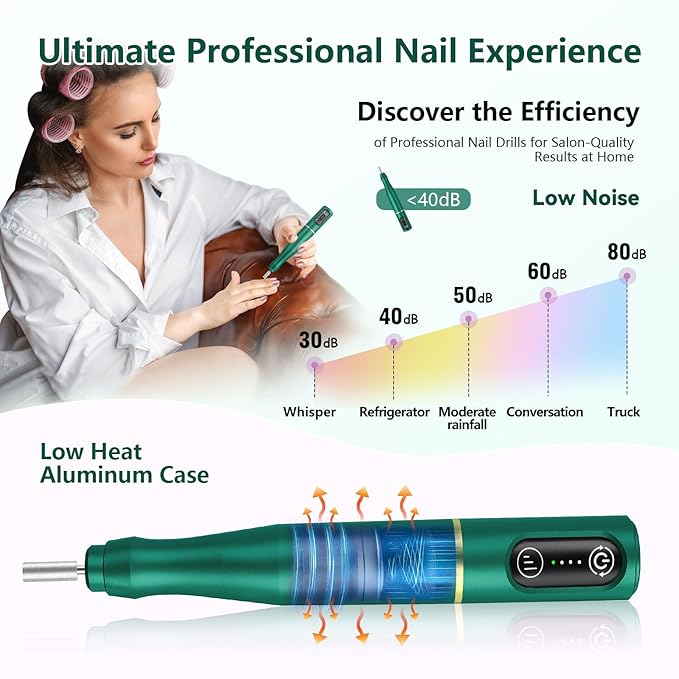 Cordless Nail Drill Electric Rechargeable File Kit, Professional Efile Acrylic Gel Nail Polish Remover Pedicure Manicure Machine Portable Set with 11 Bits 56 Sanding Bands (Blackish Green)
