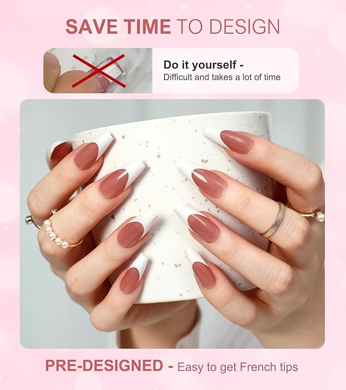 Morily Pink White French Tip Press on Nails - 30Pcs Thicker Fake Nails with Design, Full Cover Long Coffin False Nails Reusable Acrylic Stick on Nails in 15 Sizes, Include Glass File