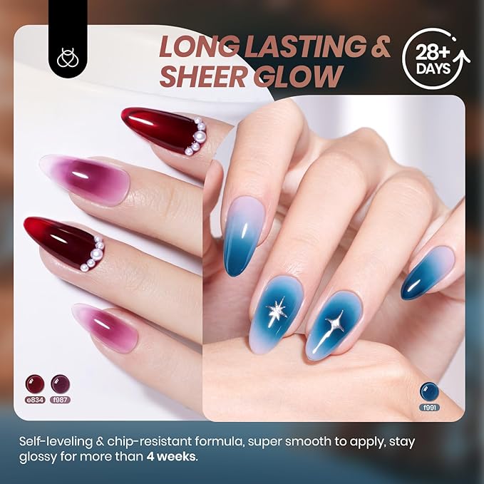 Beetles Midnight Syrup Jelly Gel Nail Polish Set - 6 Colors Jelly Gel Polish Kit Mocha Brown Burgundy Red Purple Green Blue Sheer Translucent Effect Soak Off UV Nail Art Manicure Gift for Women