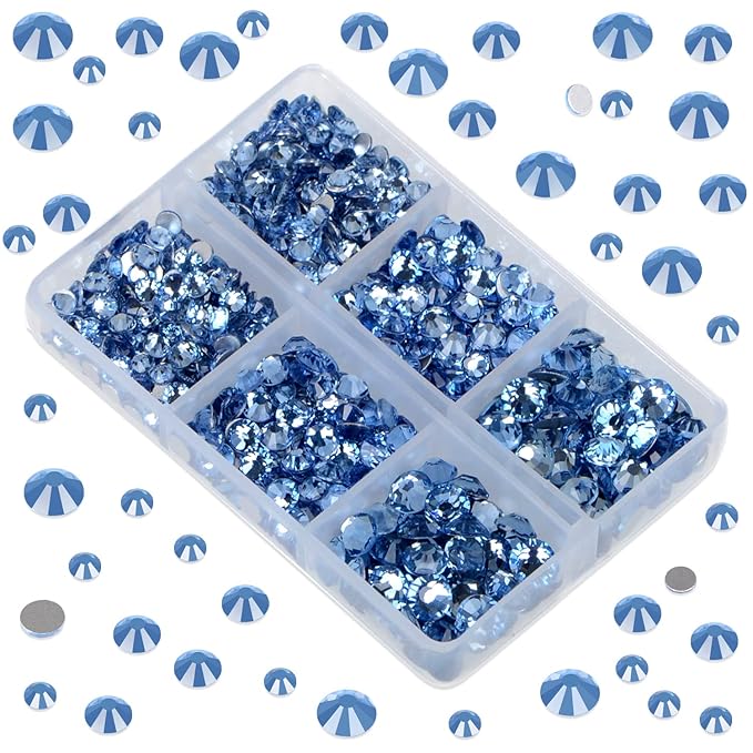 LPBeads 6000 Pieces Lt Sapphire Non Hotfix Rhinestones 6 Sizes Round Crystal Glass Flat Back Rhinestones with Tweezers and Picking Pen for Nail Art Crafts Clothes Bags DIY