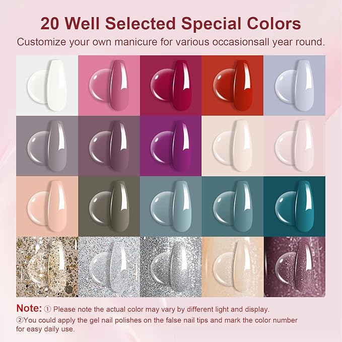 43 Pcs Gel Nail Polish Kit with U V Light 20 Colors Gel Polish Nail Kit All Season 180W UV Nail Lamp Base Top Coat Gel Nail Set Nail Art Tools