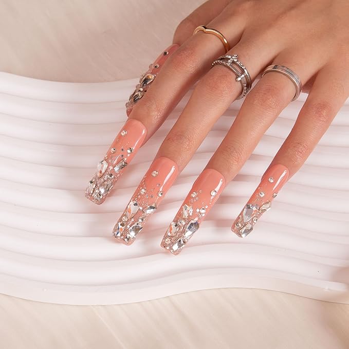 LOVFUL Press on Nails Silver Wind| Handmade with Full Covered Crystals| Reusable Fake Nails| Square Mid length 1.7in| H126-M