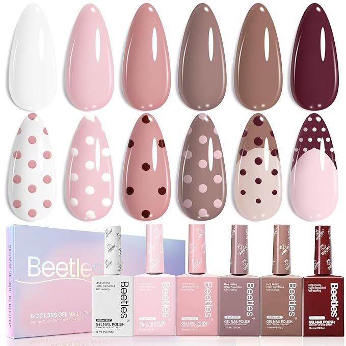 Beetles Neutral Gel Nail Polish Set – 6 Colors Hema Free Nude Pink Brown Gel Polish Kit, Same Color Bottle Gel Soak Off UV LED Nail Gel for Spring Manicure at Home or Salon