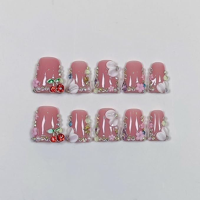 Duckbill Shape Press on Nails with Kit,3D Floral Carving Cherry Blush Pink Fake Nails with Tools,Sparkling Icy French Tips False Nails with Rhinestone,Sweet Glazed Artificial Duckbill Nails(L)