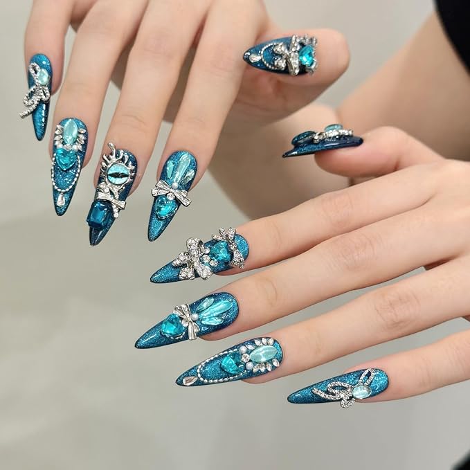 Handmade Press on Nails Stiletto Heavily Embellished with Full Diamonds The Luxurious Blue Evil Eye Handmade Stiletto Press on Nails 3D Luxury Press on Nails（M）