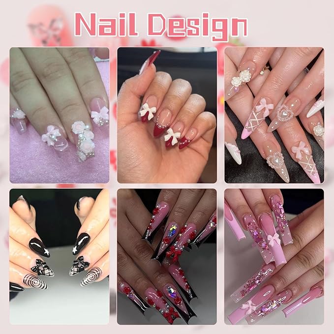 3D Nail Charms and Gems with Bows, Hearts, Rose, Flowers, Pearls, Rhinestones for Nails Design, Cute Y2K 3D Nail Decorations