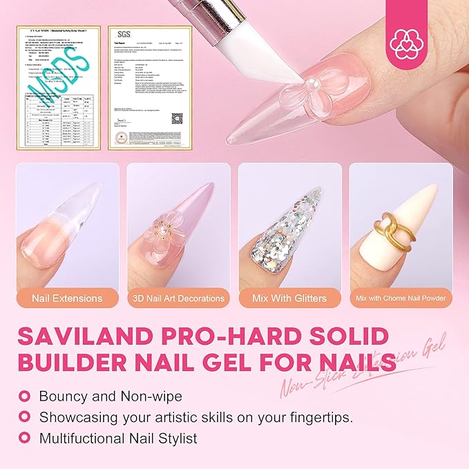 SAVILAND PRO-Hard Solid Builder Nail Gel for Nails: 2026 Ultra-Strength | Non-Sticky | Clear 3D Nail Gel with U V Lamp for 3D Nail Carving Emboss & Fast Extension Professional Use Salon