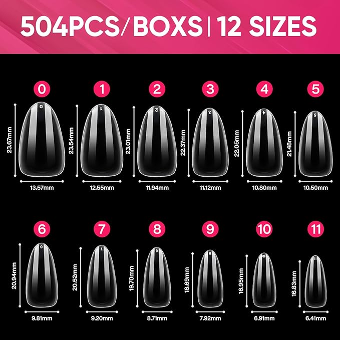 AIMEILI Medium Stiletto Nail Tips, 504pcs Half Cover Short Gel Nail Tips Clear Fake Nails for Nail Extension DIY Nail Salon, 12 Sizes