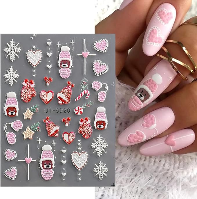 5D Christmas Nail Art Stickers Self-Adhesive Embossed Snowflake Nail Decals Bear Elk Xmas Tree Nail Design Christmas Party Nail Decoration Winter Nail Stickers for Women Girls DIY Nail Charms 3 Sheets