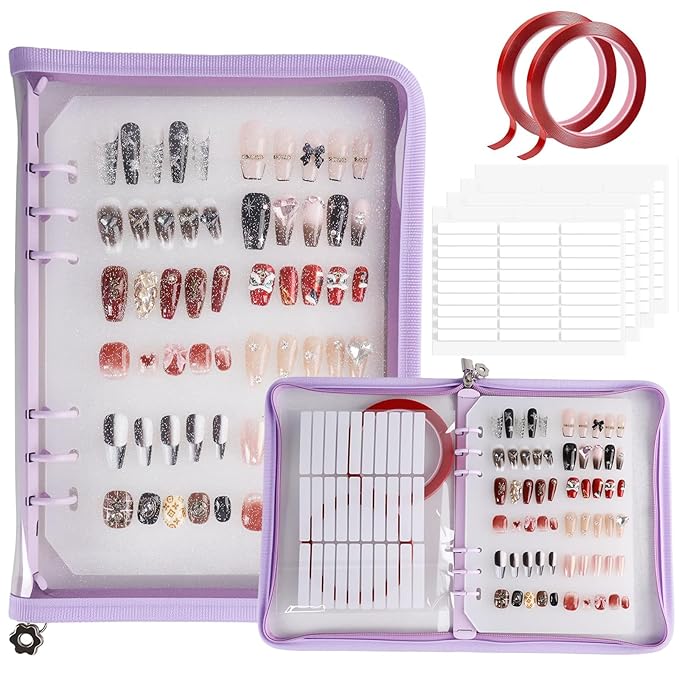 Press on Nail Organizer Binder Book, 8 A5-Sized Insert Pages & Double Sized Tape, Press on Nails Display Storage Book, Reusable Fake Nail Swatch Collecting Book (Purple)