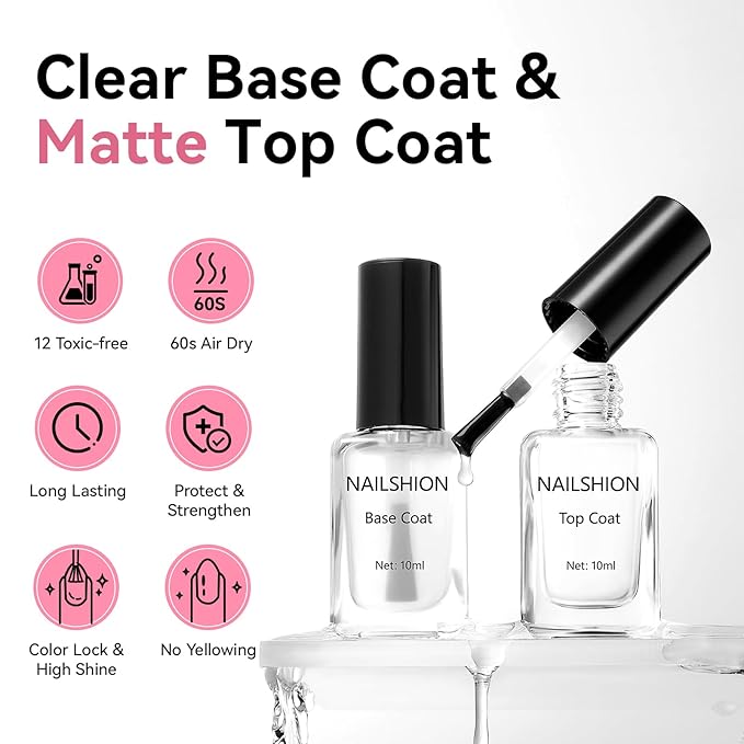Matte Top Coat and Base Coat, 2PCS Vegan Base Clear Nail Polish & Top Coat Matte Finish Chip Resistant Protect Nails, Enrich Castor Oil, Quick Dry, Non Gel, Salon-Quality Nail Art Gift