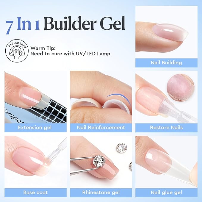 AZUREBEAUTY 7-in-One Clear Builder Nail Gel, 18ml – Nail Strengthener, Extension & Rhinestone Glue for Salon/Home DIY (Base/Top Coat Required)