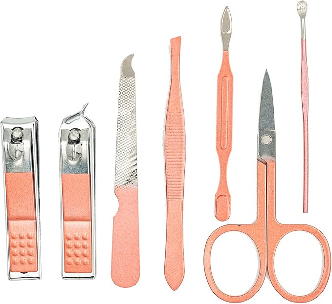 Nail Clipper Set, 7PCS Manicure Set Fingernail Clippers Kit Fashion Color Champagne Stainless Steel Pedicure and Manicure Kit with Pink PU Leather Case