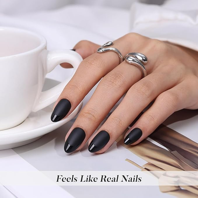 Soft Gel Black Press on Nails Almond - SHANGMENG Short Nails with Glossy French Tips in a Matte Finish, Stick on Nails with Glue in 16 Sizes - 32 Reusable Fake Nails for Women, Matte Black