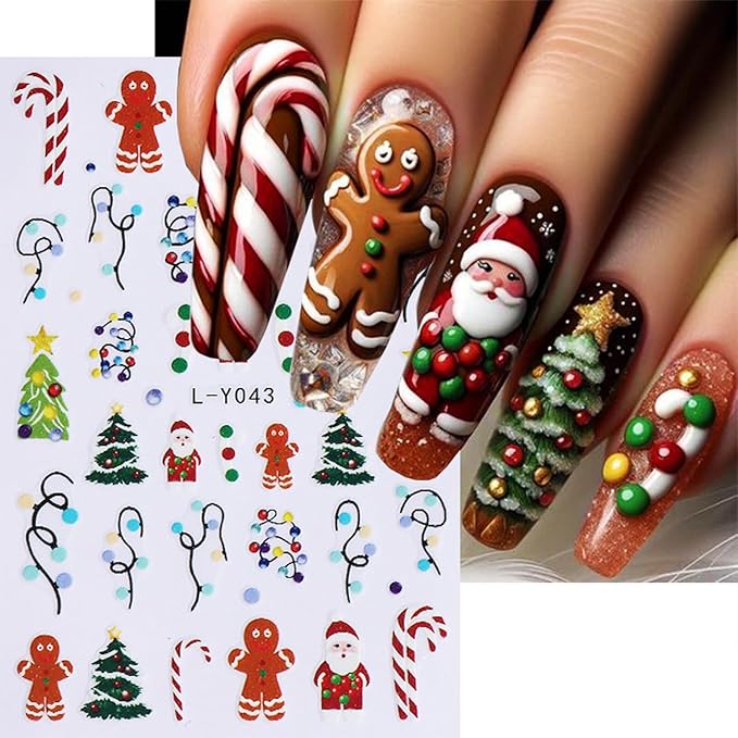 Christmas Nail Stickers for Nail Art Cute Santa Claus Xmas Nail Art Stickers Colored Lights 5D Embossed Winter Nail Decals 3D Self-Adhesive Nails Supply Manicure Sliders for Nails Decoration 6 Sheets