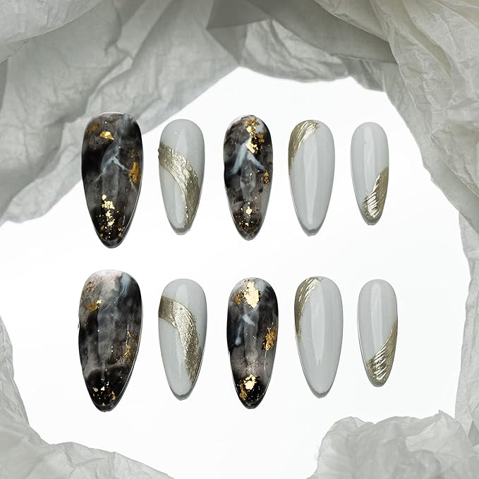 Sun&Beam Nails Handmade Press-on Medium Long Amlond Silver White Ombre Gradation Hand-Painted Design Fashion False Nail Tips 10 Pcs Set (#209 M)