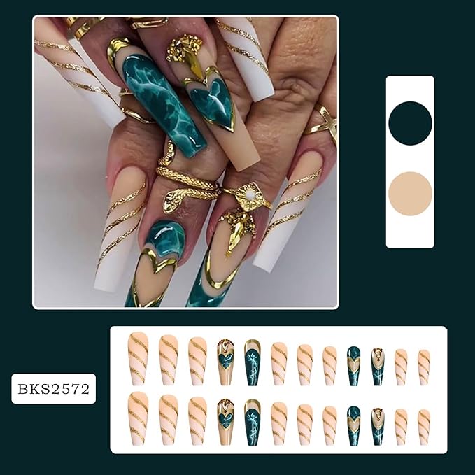 RTKHFZE French Tip Press on Nails Extra long Press on Fake Nails Square False Nails with Swirl and Blue Heart Designs Acrylic Press on Nails with Glue Stick on Nails for Women Nail Decorations