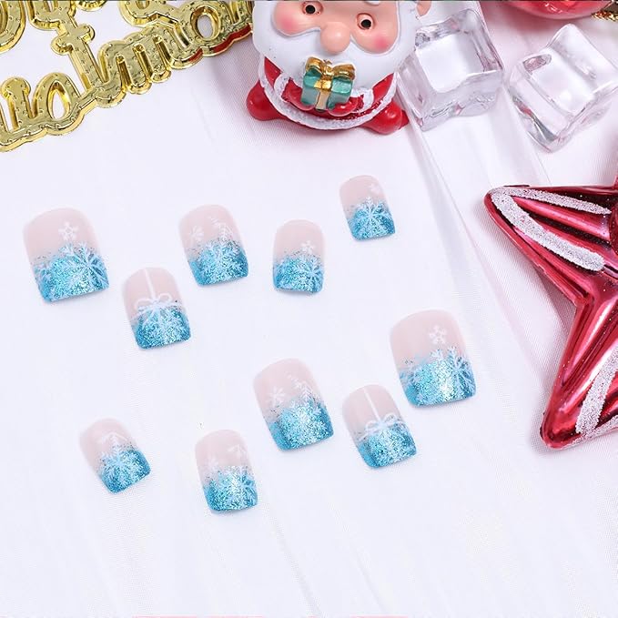 24Pcs Christmas Press on Nails Short Square French Tip Fake Nails with Blue Glitter Snowflake Design Winter False Nails Full Cover Artificial Glue on Nails Santa Stick on Nail for Women Xmas DIY Gift