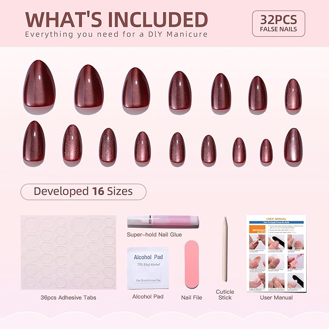 RTKHFZE Press On Nails Short - Brown Cat Eye Fake Nails Soft Gel Press on Nails Short Almond with Nails Glue,Fit Perfectly,Reusable Stick Glue On Nails in 16 Sizes - 32Pcs False Nails Kit