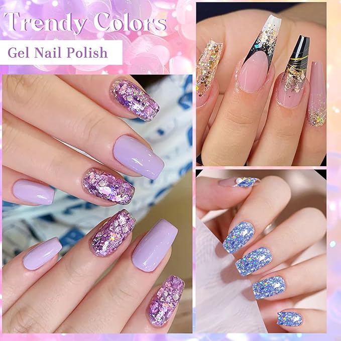 MEET ACROSS 9Pcs Glitter Gel Nail Polish Set with 1Pc Nail Brush, Sparkle Pink Purple Blue Broken Gold Flash Gel Polish Kit, UV LED Soak Off Manicure Gift for Women 8 Colors