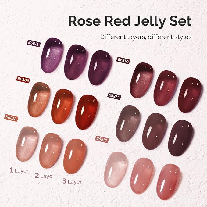 MelodySusie Jelly Gel Nail Polish Set,6 Transparent Colors,Milky or Jelly Texture,Rose Red Colors Soak Off UV LED Light Cure or Salon Manicure and Nail Art DIY at Home 15ML 0.3Fl Oz